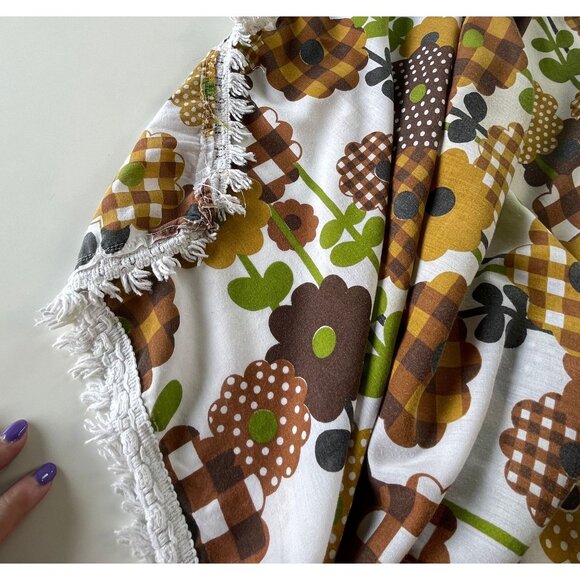 Vintage 70s oval tablecloth, brown, orange green flower power, fringed - Picture 5 of 9